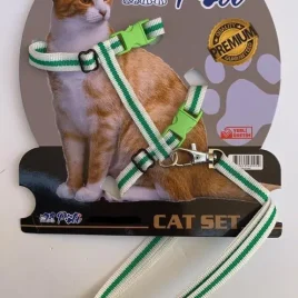 Pati Yavru Köpek ve Kedi Gezdirme Takım Tasması (Ayarlanabilir) Beyaz-Yeşil